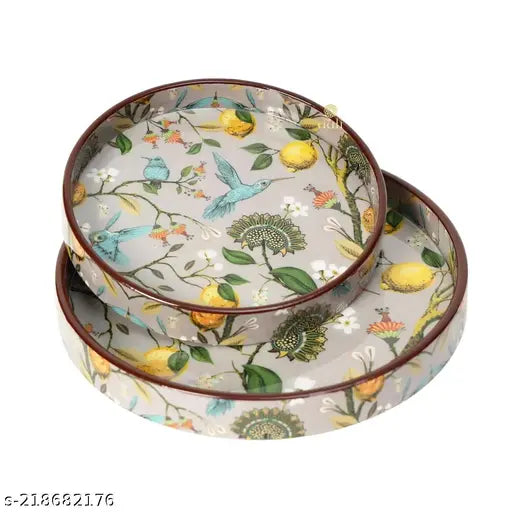 DULI Multipurpose Serving Tray Set of 2 Pcs Round Shape MDF Wood with Enamel Coating for Home and Dining Table 9 and 7 inches ( Fruits & Birds)