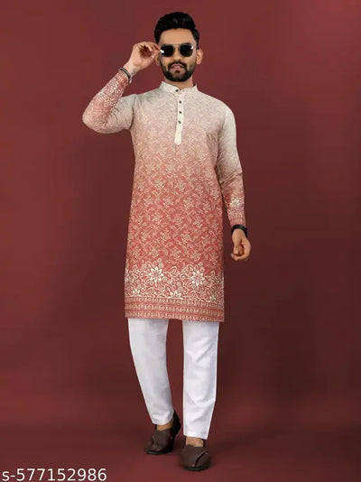 Red Floral Printed Rayon Straight Kurta for Men with Crochet Work, Designer Buttons & Pockets | Full Sleeve Stylish Wedding & Party Wear Kurta