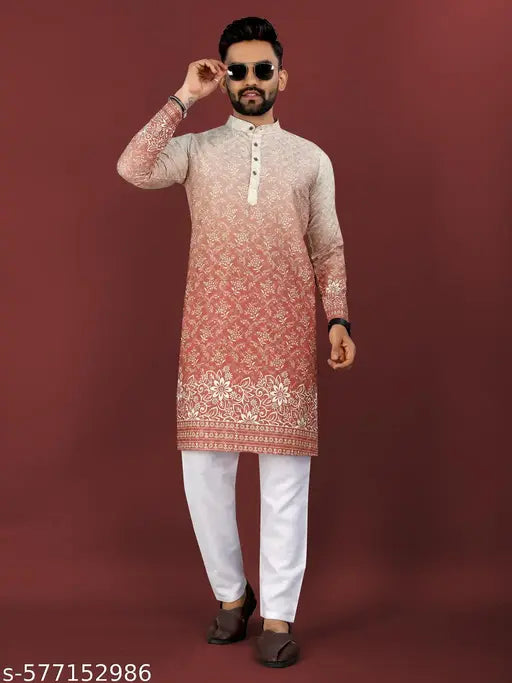 Red Floral Printed Rayon Straight Kurta for Men with Crochet Work, Designer Buttons & Pockets | Full Sleeve Stylish Wedding & Party Wear Kurta