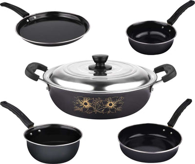 Nonstick Cookware Set of 5pc, Kadhai(With Lid) Frypan,Sauce Pan,Tadka Pan & Tawa Cookware Set (Cast Iron, 5 - Piece)