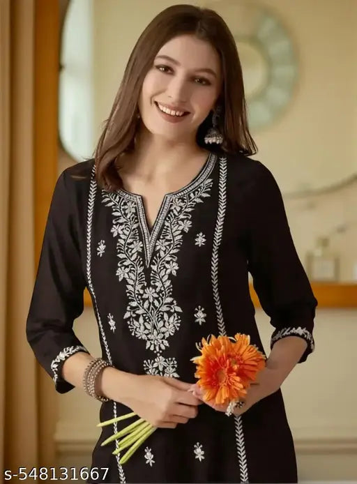 Trendy Embroidered Black Kurti for Women | V-Neck Stylish Rayon Kurta for Ladies