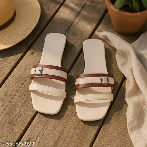 Stylish Flat Slip-On Sandals for Women & Girls | Comfortable Summer Casual Slides with Double Strap & Buckle