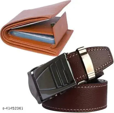 SUNSHOPPING Men's Brown & Tan Color Synthetic Belts and Wallet Combo