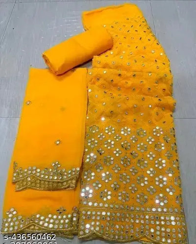 New Mirror Work Famous Georgette Suits Dress Materials pakistani suits fully embroidered suits Aagyeyi Sensational Salwar Suits & Dress Materials Georgette 9mm Heavy sequence Work Wear Suit Like Party Wear Garara suit Gold Colour