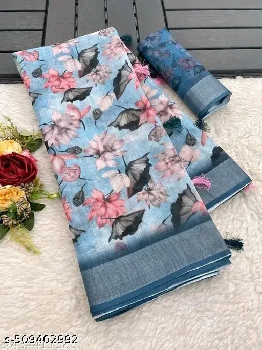 Linen Cotton Printed Saree Pure Linen Saree with Stylish Digital Print Saree