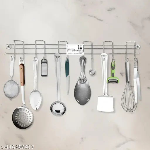 Steel Cutlery Holder | Spoon Hanger | Wall Mounted Stand - 12 Hooks | Stainless Steel | Multipurpose Stand For Wall