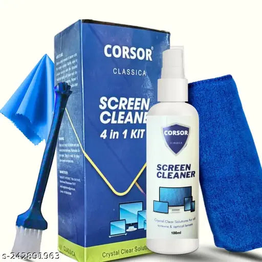 CORSOR Laptop Cleaning Kit Screen Cleaning Kit 100ml with Microfibre Cloth and Brush for Computers, Laptops, Mobiles (CLASSICA-4IN1)
