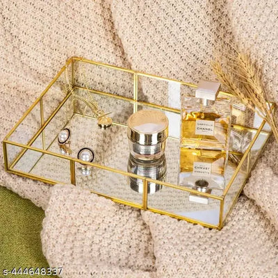 IAC Crafteriaaa Rectangle Glass Tray with Brass Rim and Mirror Base, Makeup Tray for Home Decor Jewelry Organiser, Vanity Organizer for Accent Table (10×7×1.5