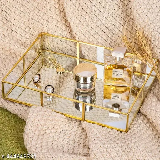 IAC Crafteriaaa Rectangle Glass Tray with Brass Rim and Mirror Base, Makeup Tray for Home Decor Jewelry Organiser, Vanity Organizer for Accent Table (10×7×1.5