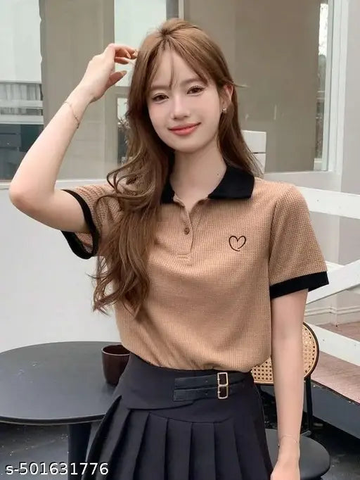 Casual Regular Sleeves Solid Women Top | Trendy Fabulous Women Tshirts | Women's Ribbed Collar Tshirt | Half Sleeve Collar Tshirt Acrylic Fabric | Women Short Sleeves Shirt Style Top