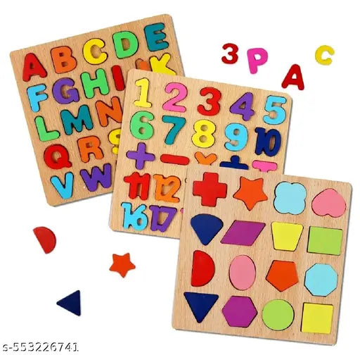 Wooden Alphabet Puzzles Numbers Count Board Blocks 3 Sets Game, Colorful ABC Lower Letters/Numbers/Shapes for Kids Toddlers Preschool Early Learning Educational Toys (Set of 3)