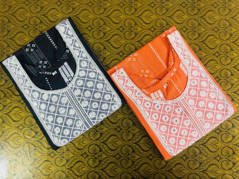 FFClothings Embroidered Straight Kurta (Black & Orange Multicolor)