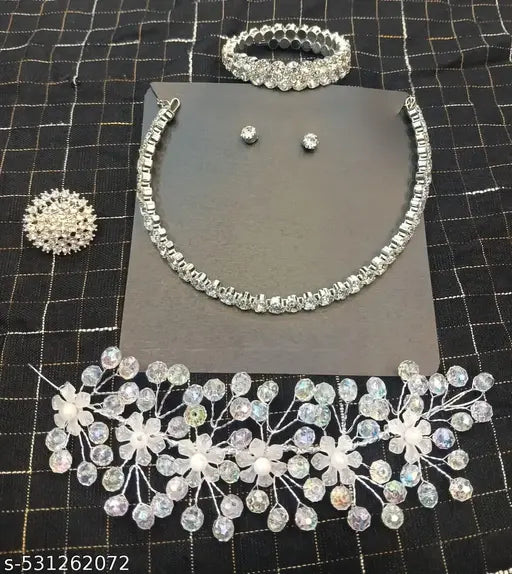 Beautiful letest design Diamond necklace set traditional jewellery choker necklace guluband set letest design tiara with beautiful bracelet set new design for women and girls party wear jewellery necklace white diamond necklace set shine necklace set