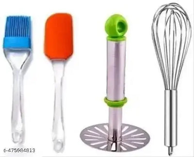 Urban Elegance Non-Stick Silicone. Spatula Cooking Oil Brush Set Egg Whisker and Stainless Steel Potato Masher Kitchen Tool (Pack of 4)