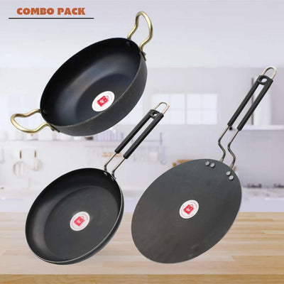 Traditional Iron Deep Bottom Kadhai, Fry Pan (Induction base) And Tawa Pot 19 cm, 20 cm, 25 cm diameter 0.1 L, 1 L capacity (Iron, Induction Bottom)