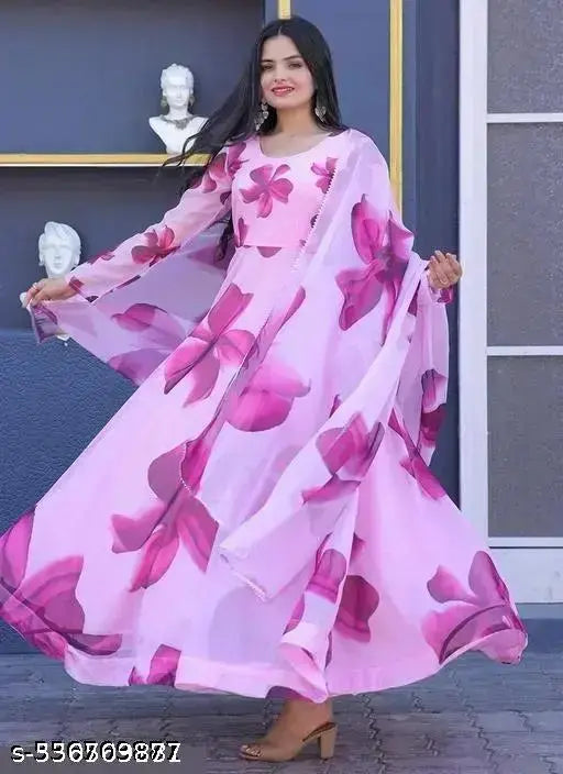 Pink Gown With Dupatta Set