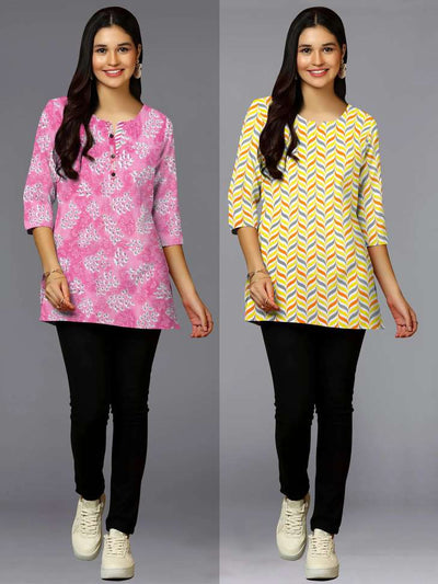 Bright Pink & Yellow Floral Print Women's Kurta