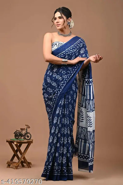 Jaipuri Hand Block Printed Soft Cotton Mulmul Saree ,Sanganeri Cotton Malmal Saree, Bagru Cotton Saree, Batic / Batik Print Cotton saree In Super Fine 92*80 Fabric Quality With Attached Blouse Piece for Woman