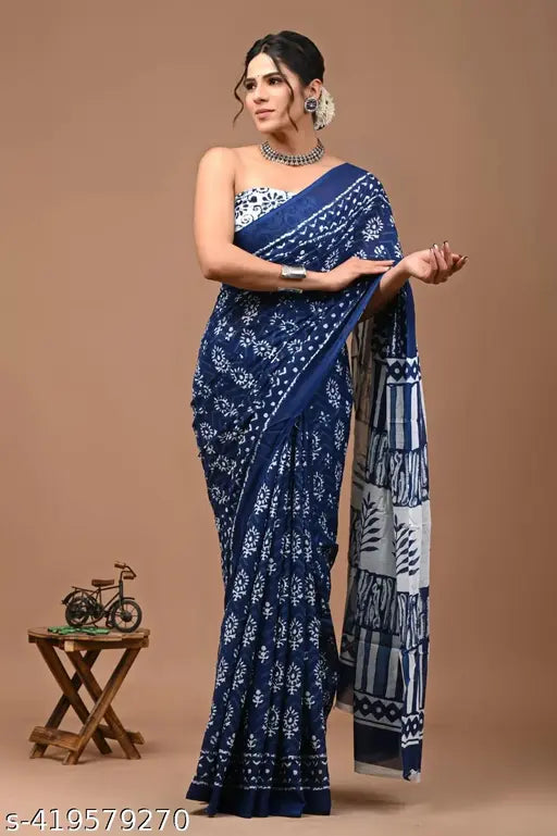 Jaipuri Hand Block Printed Soft Cotton Mulmul Saree ,Sanganeri Cotton Malmal Saree, Bagru Cotton Saree, Batic / Batik Print Cotton saree In Super Fine 92*80 Fabric Quality With Attached Blouse Piece for Woman