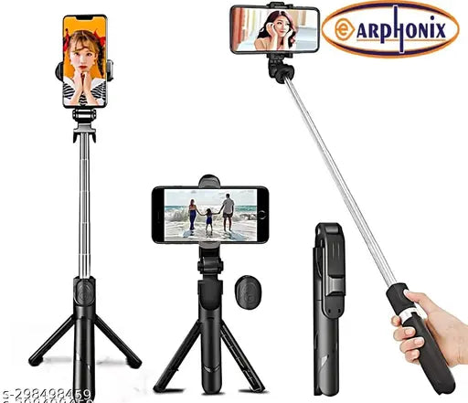 Portable Selfie Stick Tripod with Wireless Bluetooth Remote and Tripod Stand | 3 in 1 Selfie Stick Tripod with Extendable Aluminium Monopod, 360 Degree Rotation Phone Holder, Bracket for Mobile Phones | Supports Weight Up To 500 g (Black, Remote Included)