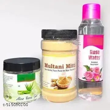 Multaani Mitti Face Pack Powder 200gm With Rose Water 120ml & Aloevera gel (Pack of 3)