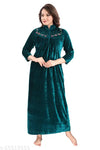WOMENOIRE Women's Full Length Velvet winter Nighty (Green)