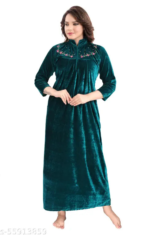 WOMENOIRE Women's Full Length Velvet winter Nighty (Green)