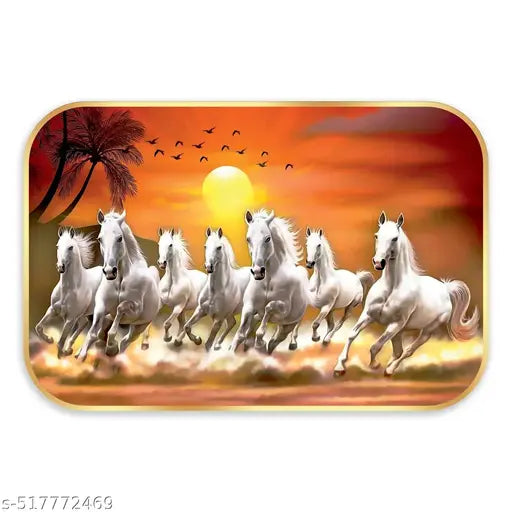 Indianara Vastu Running Seven Horse Wall Painting with Frame - Laminated Golden Framed Large Painting