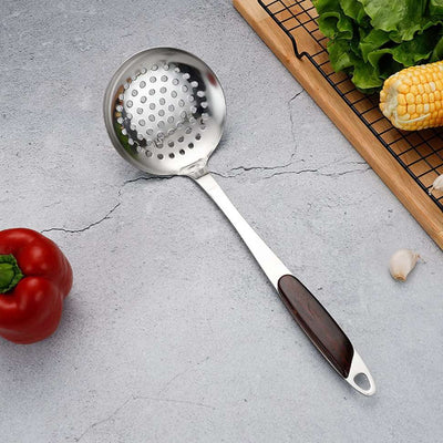 Kitchen Stainless Steel Best Skimmer Slotted Spoon-Cooking Utensils with Heat Resistant Wooden Type Handle and Stay-Cool Kitchen Tool Set (Skimmer J)