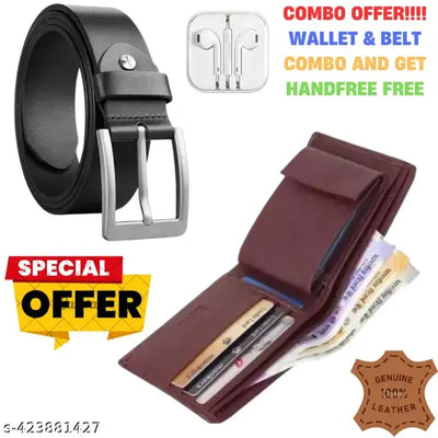 Trendy Premium Men's Wallet and Belt Combo AND GET WIRED HANDFREE FREE
