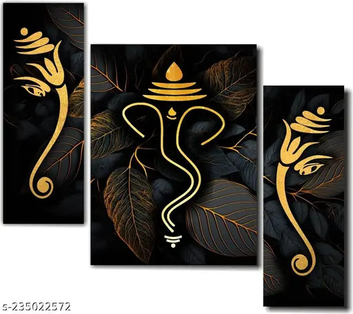 Art Set Of 3 Ganesha Wall MDF Painting For Living Room 12x20