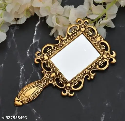 Metal Handheld Mirror with Handle Antique Rajasthani Decorative Showpiece - 17 cm (Metal, Gold)