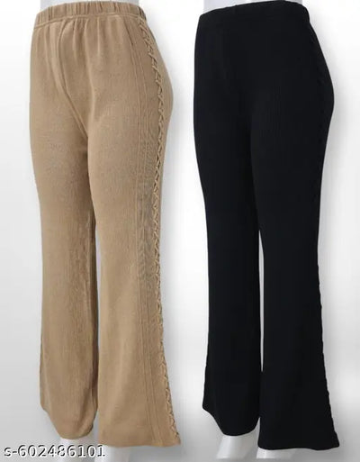 ( combo of 2 ) Premium full ankle length knit textured febric Woolen palazzo for winters beige and black