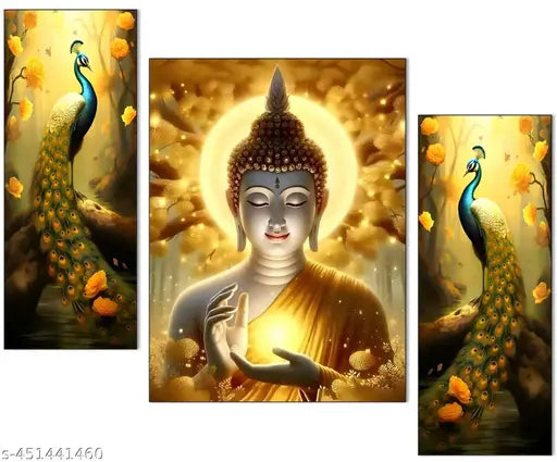 Blue Art Gallery Buddha Religious Wall Painting | Set of 3 Digital Reprints (18x12 Inch) | Home & Living Room Decoration – Unframed (JM-130 Buddha )