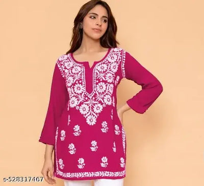 Rani Cotton Chikankari Flared Kurta in Rayon