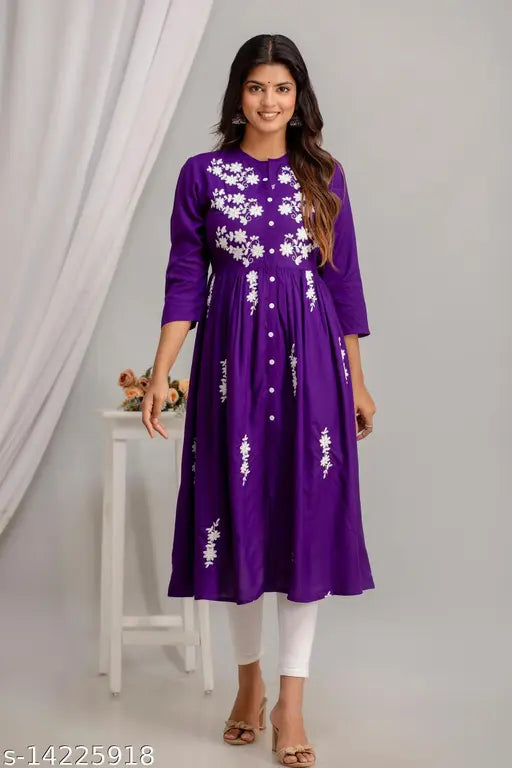 Women Rayon Anarkali Embroidered VioletKurti