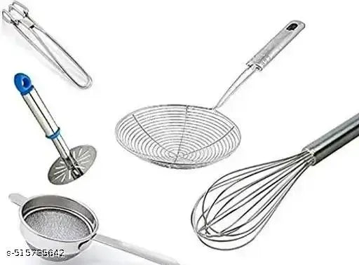 raheja global The Best Kitchen Essentials Tools Set of 5, Potato Masher,Egg Beater,Tea Strainer,Puri Strainer and Tong/pakkad in Stainless Steel Body