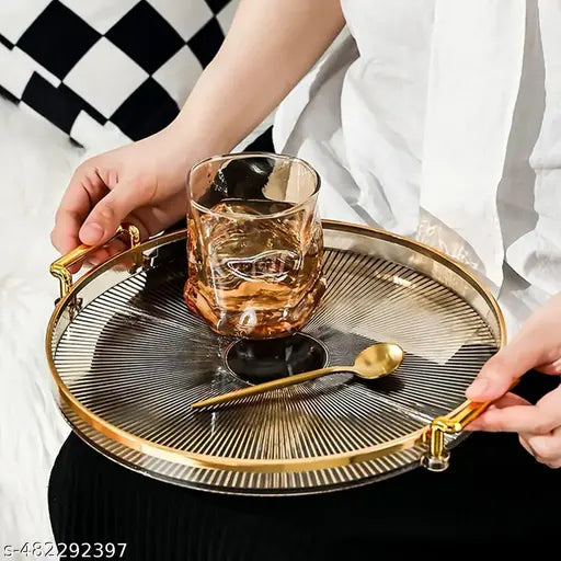 Round Serving Tray with Golden Handles and Golden Rim Border, Decorative Plastic Serving Tray for Living Room, Bathroom, Kitchen | Tray Decor for Party, Coffee Table