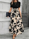 Stylish Black & Beige Floral Maxi Dress for Women | Elegant Fit & Flare Western Dress | Partywear Long Dress with Puff Sleeves