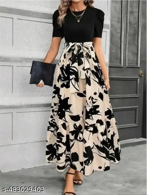 Stylish Black & Beige Floral Maxi Dress for Women | Elegant Fit & Flare Western Dress | Partywear Long Dress with Puff Sleeves