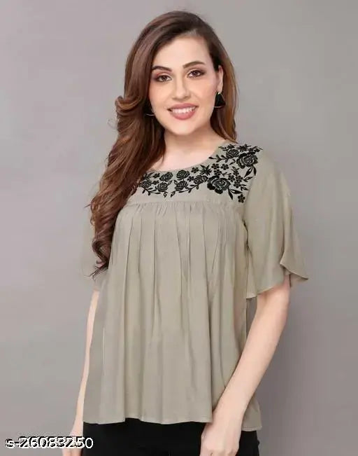 Gurmeet Fashion Grey Rayon Embroidered Tunic/Top For Women's