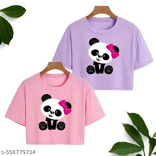 Shrishti Fashion New Cutest Panda Printed Crop Top Round Neck Half Sleeves Top For Girls (Pack Of 2)