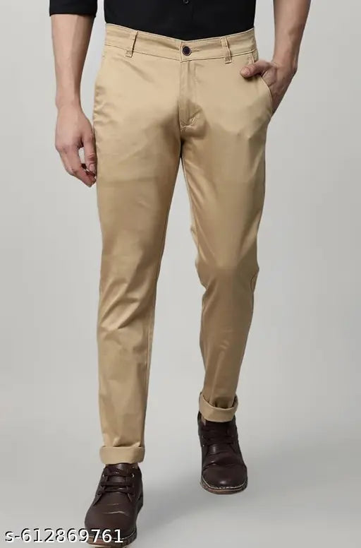 Men beige slim fit cotton trouser
