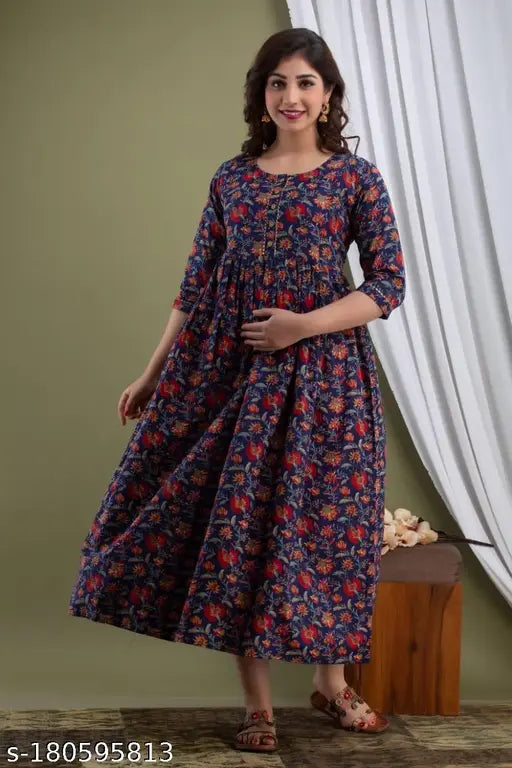 Fashionable women cotton floral printed kurt\gown | Midi Maternity Dress/Feeding Dress/Pregnancy Dress/A-Line Western Dress with Zippers for Nursing Pre and Post Pregnancy - Floral Print/Feeding Kurti/Kurta