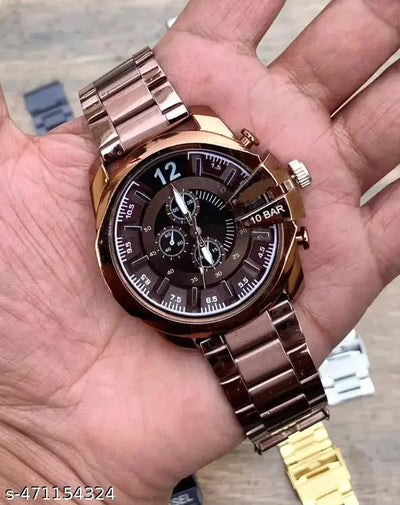 Analog Dial Brown Color Stainless Steel Strap Chrono Design Dial Wrist Watch For Men and Boys