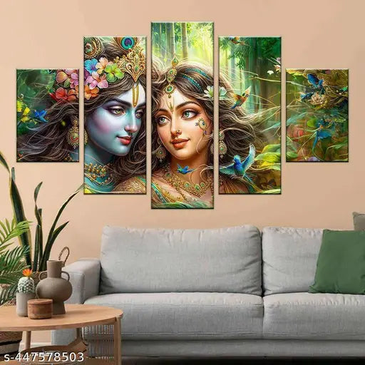 WALLSTOXX Radha Krishna Set of 5 Wall Painting For Living Room Home Decorated Office Hotel Gift Item MDF UV Textured 18 Inch X 30 Inch Painting