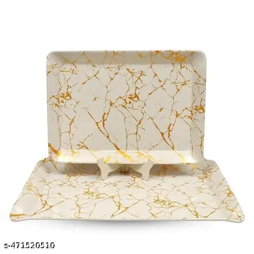 Ariya Textile Rectangle Melamine Serving Tray White and Gold (603- Medium, Small | Pack of 2) Easy-to-Clean, Reusable Platter for Dishes, Drinks, Home, Office, Hotel, Motel, Bar, Restaurant, Parties, Catering Events