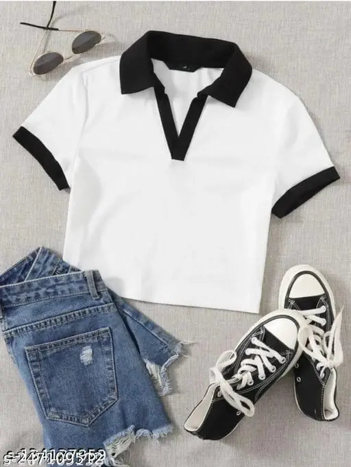 Black-White Collar Half Sleeve Crop Top