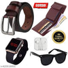 Mens Trendy premium combo - Genuine leather belt , brown wallet , wired earphones , black uv sunglasses and premium digital watch