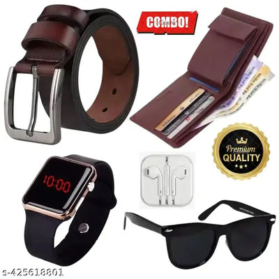 Mens Trendy premium combo - Genuine leather belt , brown wallet , wired earphones , black uv sunglasses and premium digital watch